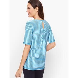 T By Talbots T-Shirt XS Blue Striped Keyhole Back Top Tee Short Sleeve Cotton